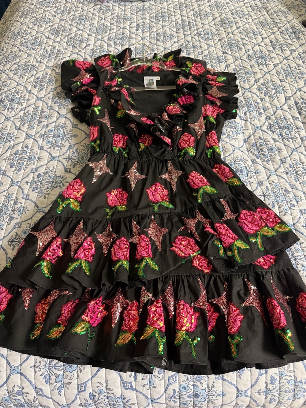 Queen Of Sparkles Black Dress With Pink Rose Sequins. Medium